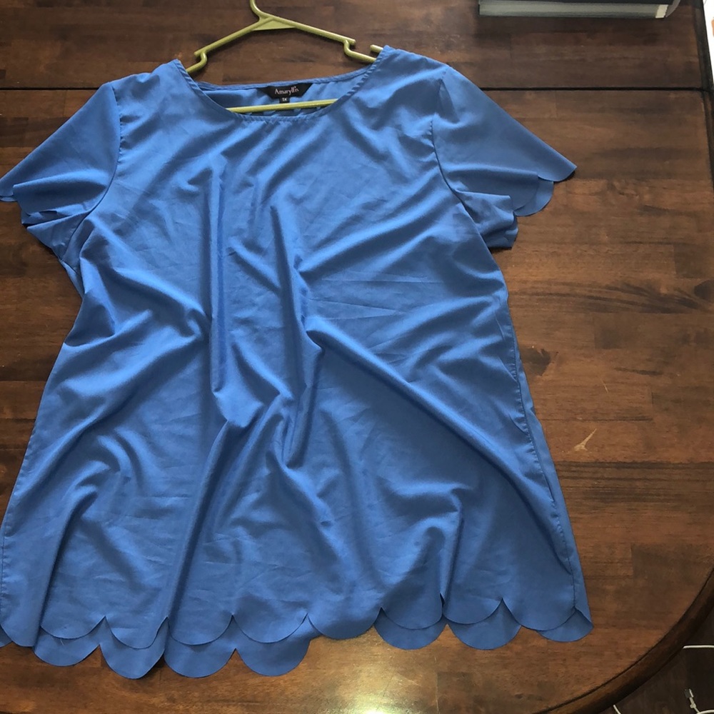 Blue short sleeve top with scalloped edges.